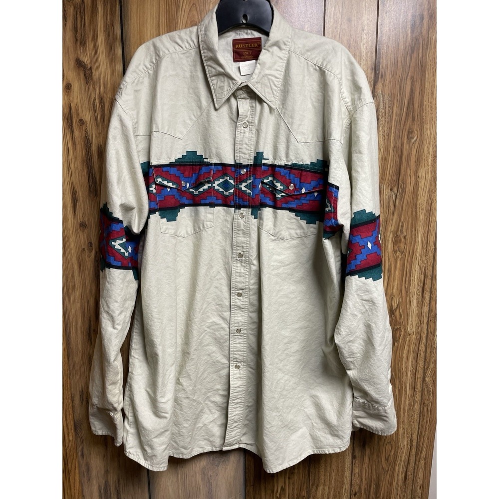 VTG Rustler by Wrangler Brushpopper Mens 2XT Pearl Snap Shirt Aztec‎ Cowboy Tan